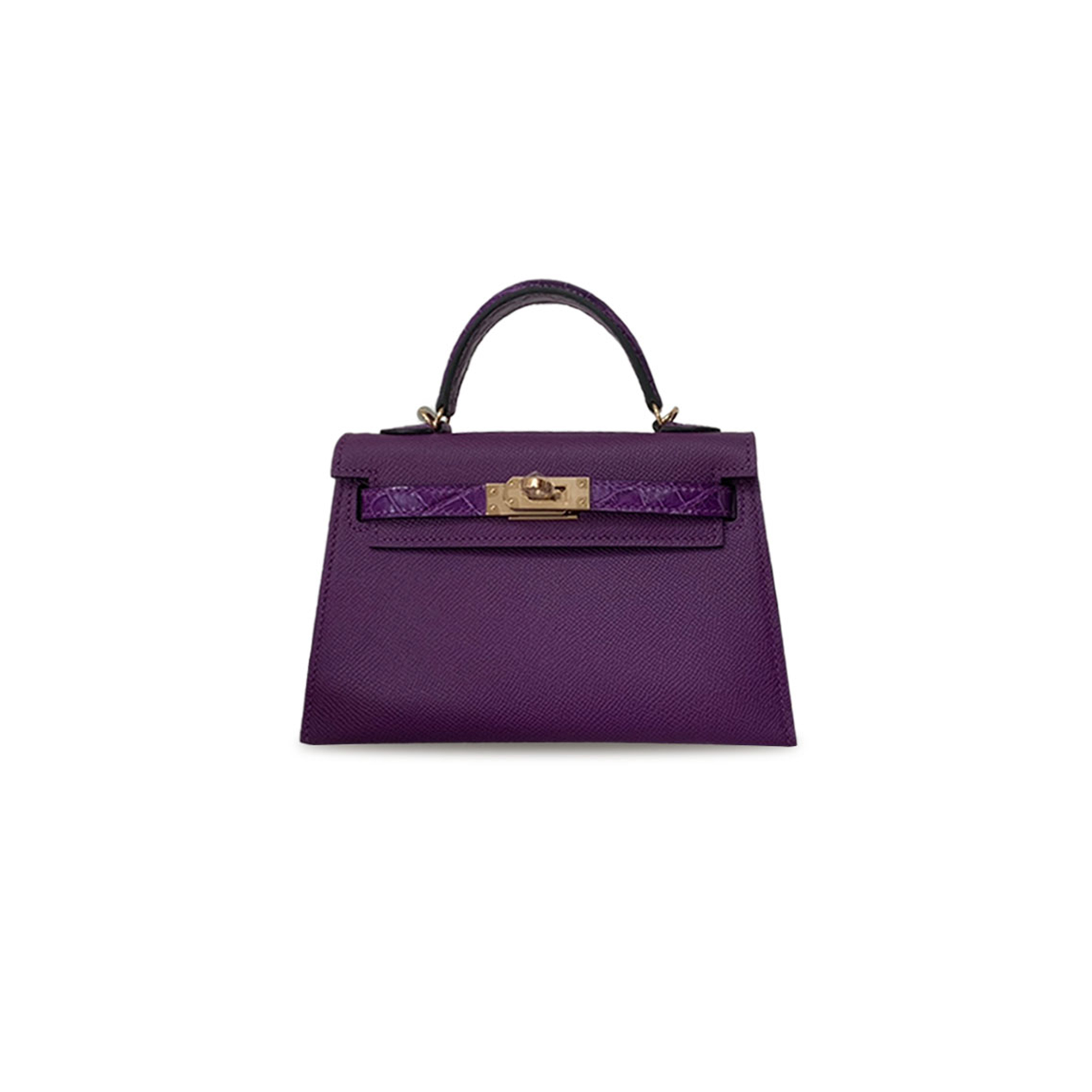 HERMÈS MASTER MINI KELLY II EPSOM LEATHER ANEMONE PURPLE AMERICAN ALLIGATOR CRYSTAL PURPLE GOLD BUCKLE HARDWARE (19*12*5.5cm) 